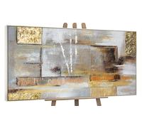YS-Art Tableau Abstrait Géométrique Beige et Gris Peint Main pour Bureau