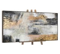 YS-Art Tableau Abstrait Horizontal Fait Main, Peinture Acrylique Texturée Gris Blanc Or, Art Mural Moderne Élégant pour Salle à Manger ou Bureau 120x60 cm