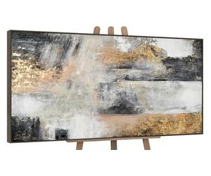 YS-Art Tableau Abstrait Horizontal Fait Main, Peinture Acrylique Texturée Gris Blanc Or, Art Mural Moderne Élégant pour Salle à Manger ou Bureau 120x60 cm
