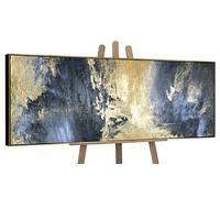 YS-Art Tableau Abstrait Panoramique Bleu et Or Peint à la Main pour Salon