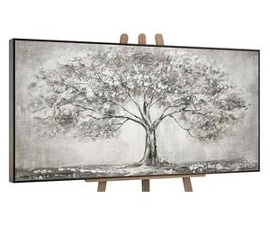 YS-Art Tableau Arbre de Vie Peint à la Main, Peinture Acrylique sur Toile Texturée Beige Gris pour Hall Appartement Moderne 200x100 cm