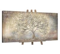 YS-Art Tableau Arbre Vie Blanc et Gris Peint Main pour Chambre et Entrée