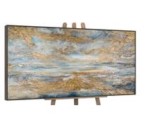YS-Art Tableau fait à la main dans un cadre Baie d'or Paysage marin aube sur l'océan tons bleus et or Peinture abstraite Décoration 160x80 cm
