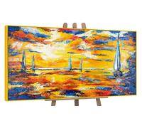 YS-Art Tableau fait à la main dans un cadre Mirages de la mer Paysage marin aube sur l'océan tons bleus et or Peinture abstraite 160x80 cm