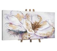 YS-Art Tableau Fleur Blanche Or Peint à la Main pour Salon et Entrée
