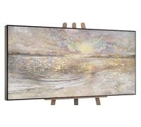 YS-Art Tableau Paysage Marin Beige et Or Peint Main pour Salon et Hôtel
