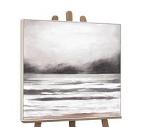 YS-Art Tableau Paysage Marin Gris Taupe et Blanc, Peinture Acrylique Faite Main sur Toile Texturée, Art Mural Apaisant pour Chambre, Salon ou Maison de Vacances 100x100 cm