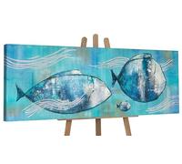 YS-Art Tableau Poissons Bleus Peint à la Main pour Cuisine et Restaurant
