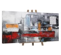 YS-Art Tableau Rouge et Gris Peint à la Main pour Bureau et Salle à Manger