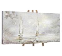 YS-Art Tableau Voiliers Marin Blanc et Gris Peint à la Main pour Chambre