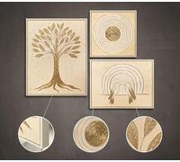 YS Ensemble de peintures murales peintes à la main sur toile dorées nature motifs arbre de vie soleil oiseaux peintures acryliques abstraites peintures murales modernes salon 80 x 60 cm