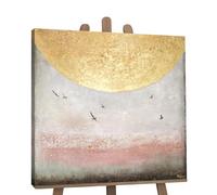 YS Tableau decoration murale salon Énergie solaire II Tableau peinte à la main paysage d'été couleurs claires avec de l'or Décoration intérieure 90x90 cm