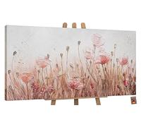 YS Tableau Decoration Murale Salon Peinte à la Main Avril Art Modern Paysage d'été aux Couleurs Roses avec des Gouttes d'or et des Fleurs de Prairie 140x70 cm