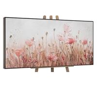 YS Tableau decoration murale salon peinte à la main Avril Art modern paysage d'été aux couleurs roses avec des gouttes d'or et des fleurs de prairie avec cadre 160x80 cm