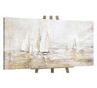 YS Tableau decoration murale salon peinte à la main Éblouissement solaire Peinture moderne paysage marin avec voiliers tons beiges avec or 120x60 cm