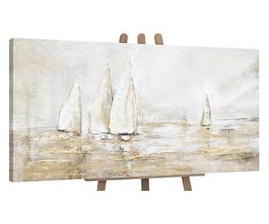 YS Tableau decoration murale salon peinte à la main Éblouissement solaire Peinture moderne paysage marin avec voiliers tons beiges avec or 120x60 cm