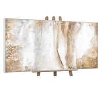 YS Tableau decoration murale salon peinte à la main Esthétique Peinture moderne dans des tons beige clair avec des lignes dorées Surface texturée avec cadre 160x80 cm