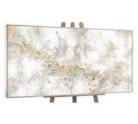 YS Tableau decoration murale salon peinte à la main Histoire Peinture moderne dans des tons beige clair avec des lignes dorées Surface texturée avec cadre 160x80 cm