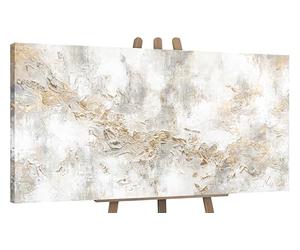 YS Tableau decoration murale salon peinte à la main Histoire Peinture moderne dans des tons beige clair avec des lignes dorées Surface texturée 140x70 cm