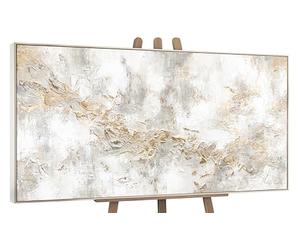 YS Tableau decoration murale salon peinte à la main Histoire Peinture moderne dans des tons beige clair avec des lignes dorées Surface texturée avec cadre 100x50 cm