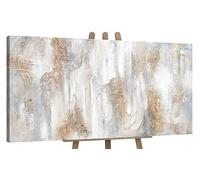 YS Tableau decoration murale salon peinte à la main Philosophie Peinture moderne dans des tons beige clair avec des lignes dorées Surface texturée 120x60 cm