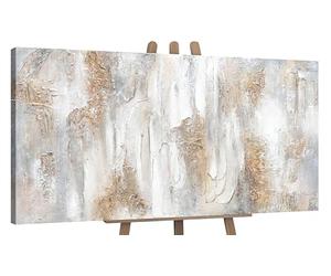 YS Tableau decoration murale salon peinte à la main Philosophie Peinture moderne dans des tons beige clair avec des lignes dorées Surface texturée 120x60 cm