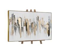 YS Tableau fait à la main dans un cadre Rythmes urbains Décoration intérieure moderne Argent et or, paysage abstrait Déco murale salon 120x80 cm
