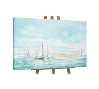 YS Tableau peinte a la mai Bleu de mer Peinture moderne Motif estival Paysage marin aux couleurs bleues avec des voiliers blancs Surface texturée 120x80 cm