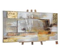 YS Tableau Peinte à la Main Abstraction Peinture Abstraite sur Toile dorée Couleurs claires avec Or Décoration intérieure avec Cadre 100x50 cm