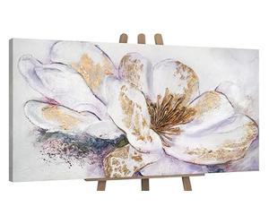 YS Tableau peinte à la main art abstrait modern Pivoine d'or Peinture abstraite sur toile fleur blanche couleurs claires avec or Surface texturée 120x60 cm