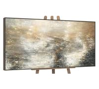 YS Tableau peinte à la main art abstrait modern Puissance élémentaire tons gris et noirs avec or Décoration intérieure Surface texturée avec cadre 160x80 cm