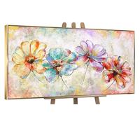 YS Tableau Peinte à la Main Belles Fleurs Toile Abstraite Moderne de Grandes Couleurs Vives Rouge Bleu Beige avec Or avec cadre 120x60 cm