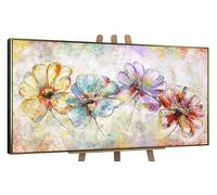 YS Tableau Peinte à la Main Belles Fleurs Toile Abstraite Moderne de Grandes Couleurs Vives Rouge Bleu Beige avec Or avec cadre 140x70 cm