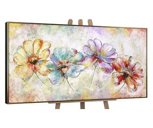 YS Tableau Peinte à la Main Belles Fleurs Toile Abstraite Moderne de Grandes Couleurs Vives Rouge Bleu Beige avec Or avec cadre 140x70 cm