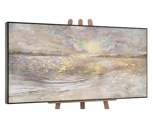 YS Tableau Peinte à la Main Crépuscule de la mer Art Abstrait Modern Surface texturée Motif de la mer en été dans des Couleurs claires Déco Murale Salon avec Cadre 100x50 cm
