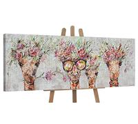 YS Tableau peinte à la main Girafes Animaux joyeux et lumineux dans des fleurs sur un fond clair Un motif enfantin Déco murale salon 120x40 cm
