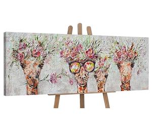 YS Tableau peinte à la main Girafes Animaux joyeux et lumineux dans des fleurs sur un fond clair Un motif enfantin Déco murale salon 120x40 cm