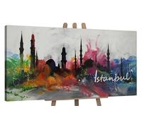 YS Tableau peinte à la main Istanbul Grande Art abstrait modern ville turque en style aquarelle aux couleurs vives Déco murale salon 120x60 cm