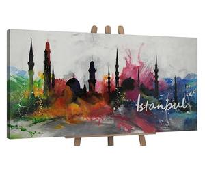 YS Tableau peinte à la main Istanbul Grande Art abstrait modern ville turque en style aquarelle aux couleurs vives Déco murale salon 120x60 cm