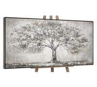 YS Tableau peinte à la main L'arbre de vie Peinture moderne tons gris avec argent Paysage abstrait avec un grand arbre Déco murale salon avec cadre 160x80 cm