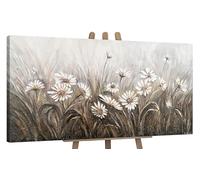 YS Tableau peinte à la main Marguerites blanches sur fond vert foncé Art abstrait modern paysage d'été motif printanier Toile abstraite moderne Surface texturée 140x70 cm