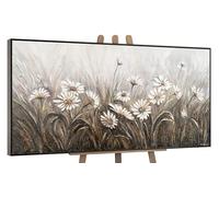 YS Tableau peinte à la main Marguerites blanches sur fond vert foncé Art abstrait modern paysage d'été motif printanier Toile abstraite moderne Surface texturée avec cadre 120x60 cm