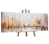 YS Tableau peinte à la main Matinée en ville Art abstrait modern couleurs orange sur fond clair paysage urbain Surface texturée Décoration intérieure 180x60 cm