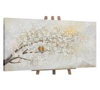 YS Tableau peinte à la main paysage printanier Aube Art abstrait modern fleurs blanches Surface texturée oiseaux Couleurs claires 100x50 cm