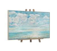 YS Tableau peinte à la main Refroidissement estival Peinture abstraite sur toile paysage d'été avec mer et nuages, couleurs claires Surface texturée avec cadre 120x80 cm