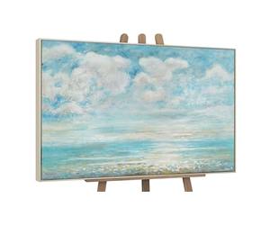 YS Tableau peinte à la main Refroidissement estival Peinture abstraite sur toile paysage d'été avec mer et nuages, couleurs claires Surface texturée avec cadre 120x80 cm
