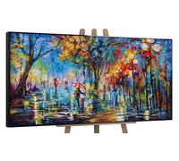 YS Tableau peinte à la main Ruelle d'automne Surface texturée parc d'automne avec un couple paysage du soir bleu et jaune couleur Déco murale salon avec cadre 160x80 cm