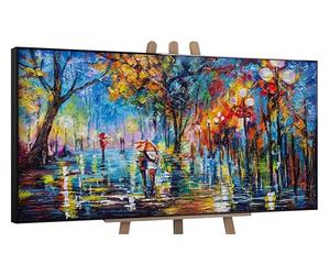 YS Tableau peinte à la main Ruelle d'automne Surface texturée parc d'automne avec un couple paysage du soir bleu et jaune couleur Déco murale salon avec cadre 140x70 cm