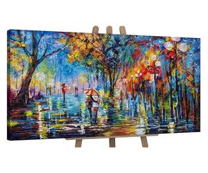 YS Tableau peinte à la main Ruelle d'automne Surface texturée parc d'automne avec un couple paysage du soir bleu et jaune couleur Déco murale salon 140x70 cm