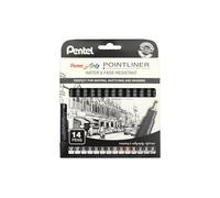 Pentel Stylos Pointliner S20P - à pointe fine, Lot de 14, 0,03-3,0 mm, noir/sépia/sanguine/gris